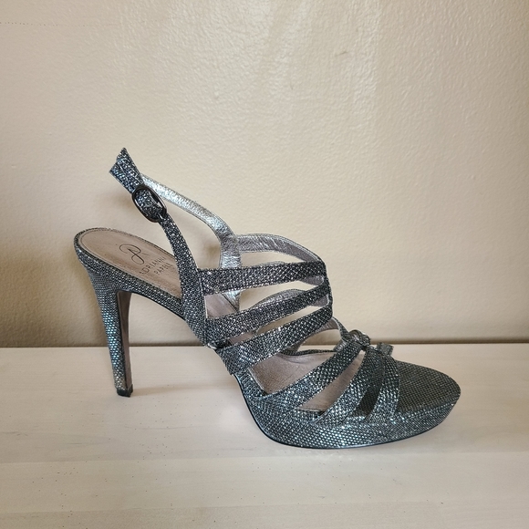 Shiny Silver Strappy Heels - Picture 1 of 7